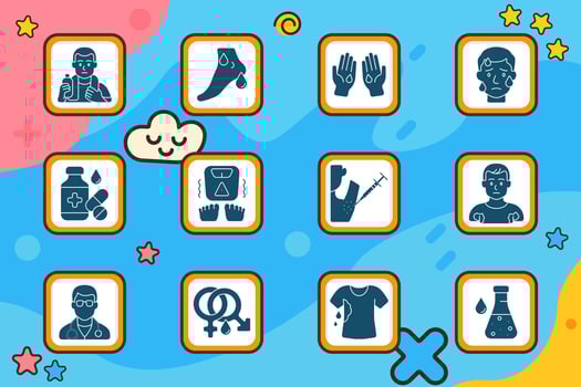Sweating symptom set icon. Man with bottle, sweating foot, sweaty hands, nervous face, medicine pack, weight imbalance, injection, hair removal, male sign, doctor, gender icon, wet shirt, lab sample vector