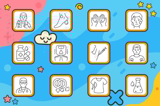 Sweating symptom set icon. Man with bottle, foot sweat, hand sweat, worried face, medicine bottle, weight loss, injection, hair removal, male signs, doctor, gender, shirt wetness, lab test vector