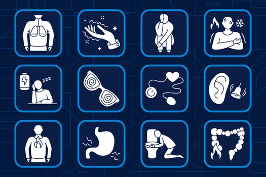 Body disorder set icon. Lung issue, tingling hand, crouched posture, thermal imbalance, low battery, dizzy vision, baby monitor, ear ring, heartburn, stomach pain, vomiting, colon inflammation vector