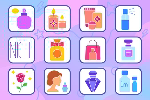 Perfumery set icon. Fragrance bottle, niche scent, cosmetic line, candles, spray bottle, shopping bag, tester, rose, elegance, woman with perfume, sample, floral design. vector