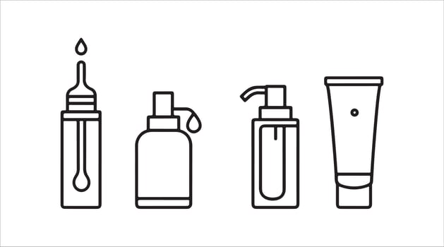 In a line-art style, these cosmetic bottle icons include a serum dropper, mist spray, shampoo bottle, face oil, and squeeze tube, with strokes that are fully editable. vector