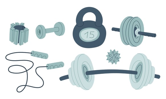 set of items for training. Dumbbells, kettlebells, jump rope, weights, and massage ball in blue colors. flat color illustration. For posters, menus, clothing, and blogs, fitness, sporty lifestyle. vector