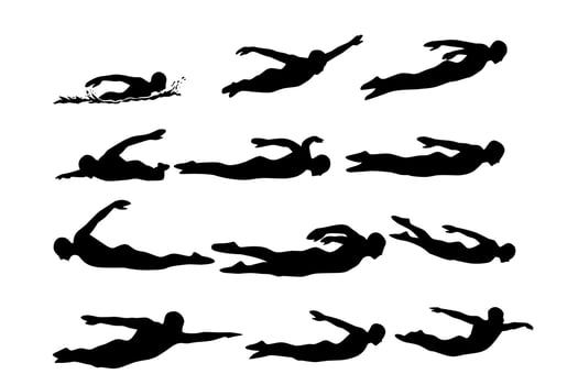 Silhouettes of swimmers performing various swimming strokes in sequence. Black illustration showing dynamic swim poses and aquatic motion for sports or training vector