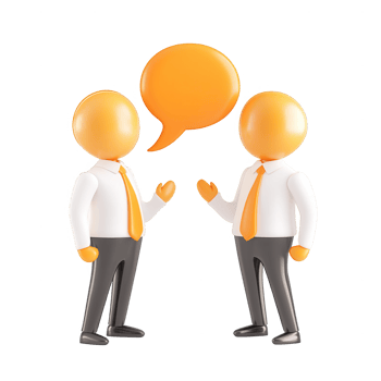 3d icon of Two businessmen characters having a conversation, represented by an orange speech bubble, isolated on transparent background png