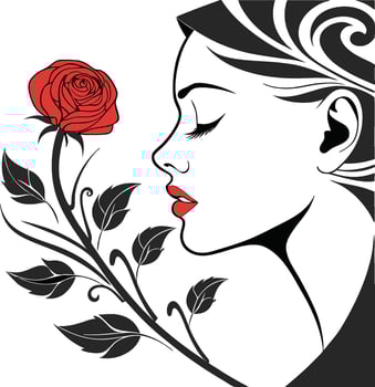 Elegant Woman's Profile with a Red Rose and Black Floral Design A beautiful illustration perfect for beauty blogs, spa promotions, or romantic projects. vector