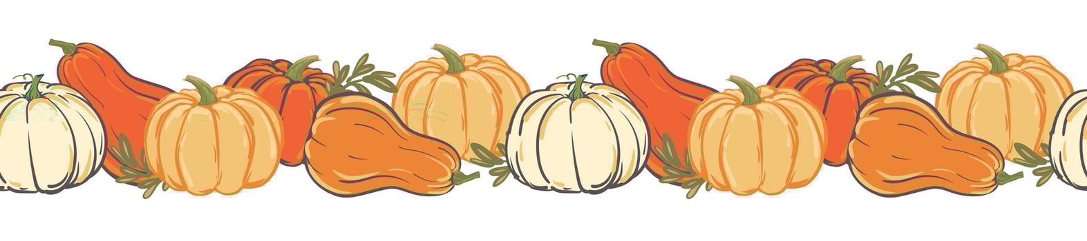 Vetcor horizontal border of colorful pumpkins, Halloween decoration. Seamless pattern with autumn pumpkins for Halloween party invitations, Thanksgiving design. vector