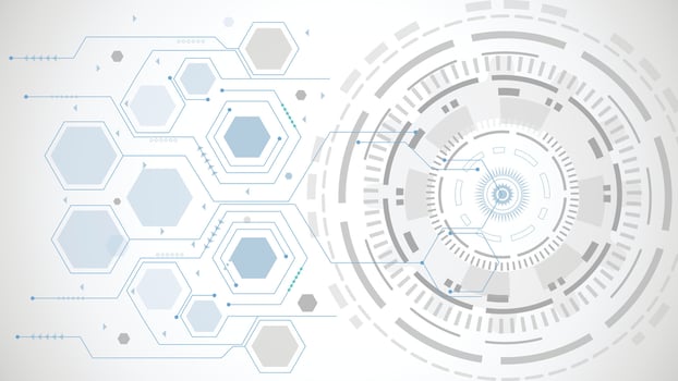 Modern tech background featuring geometric hexagons and circular digital interface elements in soft colors vector