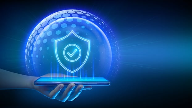 Hand holding smartphone with security shield vector