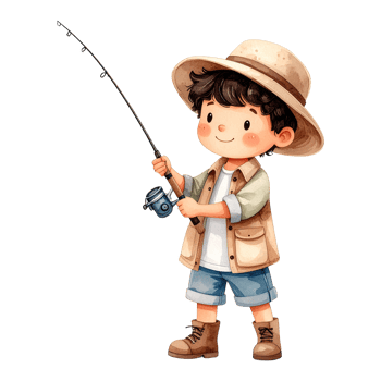 Fun outdoor activity scene with fishing child cartoon. png