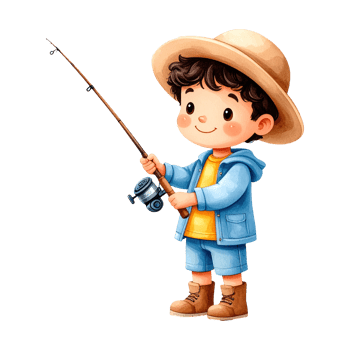 Hand-painted fishing boy character with fishing rod. png