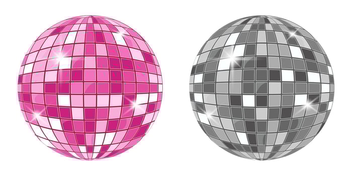 Illustration of two disco balls in pink and silver colors. Shiny mirrored spheres for party, dance, nightclub or retro-themed designs. vector