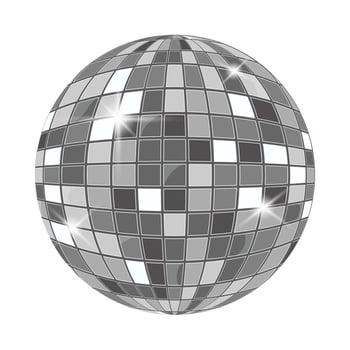 Silver disco mirror ball with reflective mosaic surface. Stylish element for retro parties, dance events, or music-themed visuals. vector