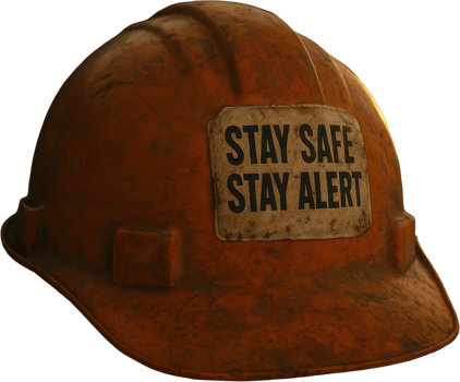 Durable orange construction hard hat with stay safe stay alert safety message png