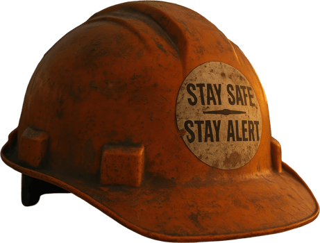 Used orange construction hard hat with stay safe stay alert safety sticker png