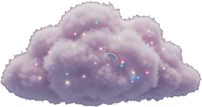 Dreamy purple cloud illustration with sparkling stars and multiple rainbows png