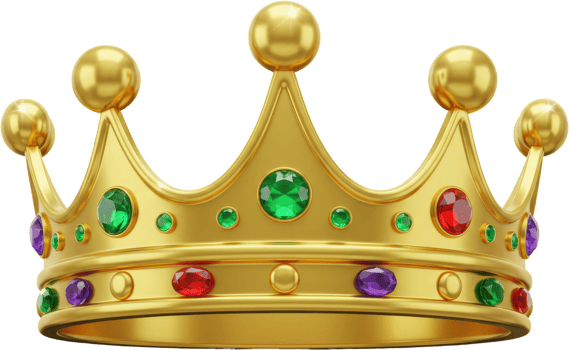 Regal golden crown embellished with vibrant green, red, and purple gemstones png
