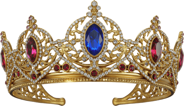 Ornate gold crown featuring dazzling diamonds and vibrant blue and red gemstones png