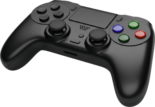Black wireless game controller with glossy buttons for modern gaming consoles png