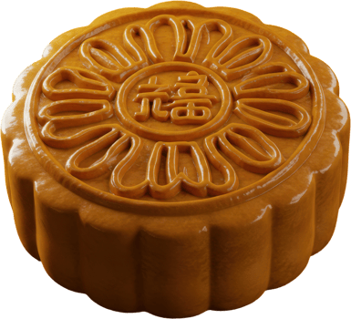 Glossy golden mooncake with traditional chinese design and auspicious symbol png