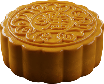 Glossy golden traditional mooncake with intricate patterns and chinese characters png