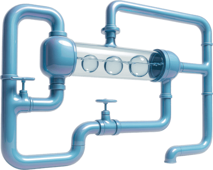 Futuristic water filtration system with blue pipes and transparent purification chamber png