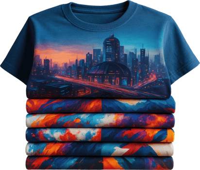 Vibrant custom t shirts stacked, featuring cityscape and abstract art prints png