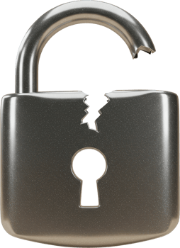 Broken silver padlock with fractured shackle and cracked body, symbolizing compromised security. png