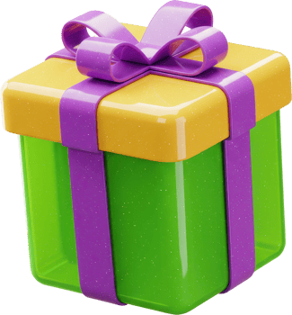 Brightly colored glossy gift box with green, yellow, and purple design png