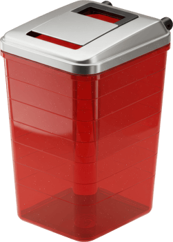 Vibrant red plastic recycle bin with silver lid for modern waste disposal png