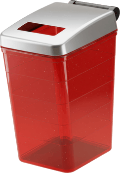 Modern red translucent recycle bin with silver lid for waste management png
