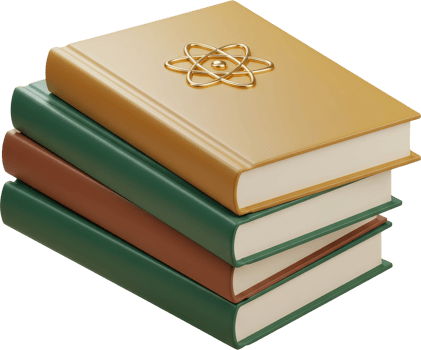 Vibrant stack of science and education books with golden atom symbol on top png