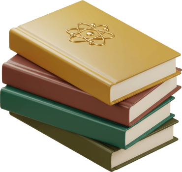 Colorful stack of educational books with a prominent golden atom symbol on the top png