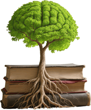 Brain shaped tree growing from old books symbolizing knowledge and wisdom png
