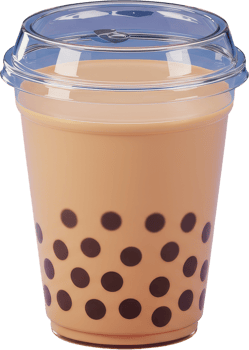 Sweet bubble milk tea in a transparent plastic cup with dark tapioca pearls and a clear dome lid png