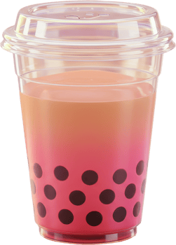 Bubble tea drink in clear plastic cup with shiny lid and tapioca pearls png