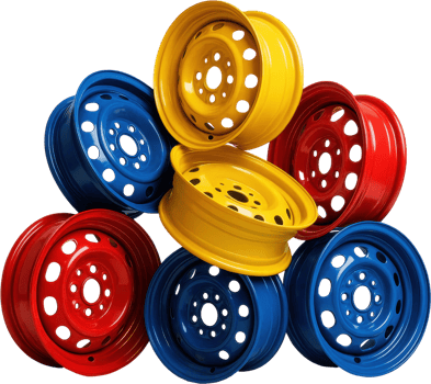 Dynamic arrangement of red blue yellow steel car rims for vehicle customization png