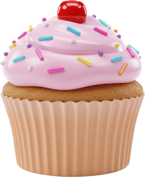 Delicious 3D cupcake with pink frosting, colorful sprinkles, and a bright red cherry png