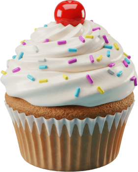 Delicious cupcake with white frosting, colorful sprinkles, and a bright red cherry png
