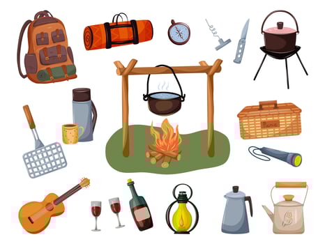 Camping gear and accessories illustrated vector