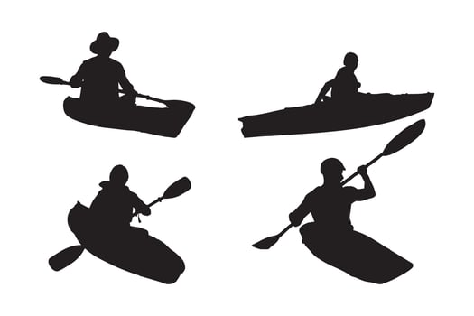 Adventure Kayaking Silhouette Set Featuring Paddlers in Narrow Boats with Double Bladed Oars Navigating Mountain River Currents Illustration on White Background vector