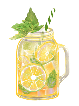 Hand drawn illustration of a refreshing lemonade in a mason jar with ice cubes, lemon slices, mint leaves. Cool and healthy beverage for hot summer weather, tropical vibes. png