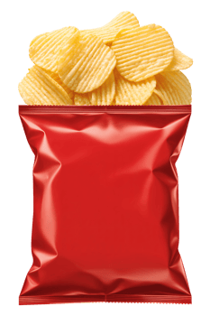 Crispy Potato Chips overflowing a red snack bag perfect for packaging design food photography and advertising, transparent background png