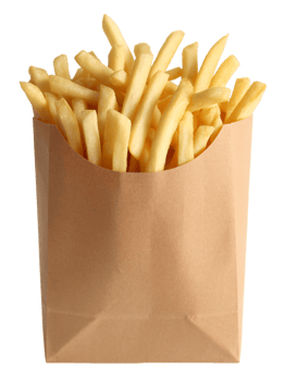Delicious Golden French Fries in a Brown Paper Bag Perfect for Restaurant Menus Food Blogs and Packaging Designs, transparent background png