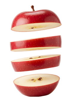 Deconstructed red apple in mid-air, showcasing vibrant layers on transparent stage is fresh png