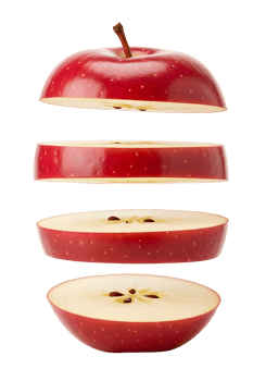 Deconstructed floating apple slices against a stark on transparent background create a modern still life png