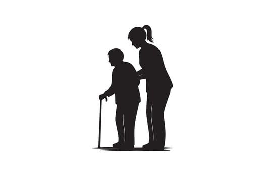 Elderly Caregiver Silhouette Illustration Helping Hand for Old Age vector