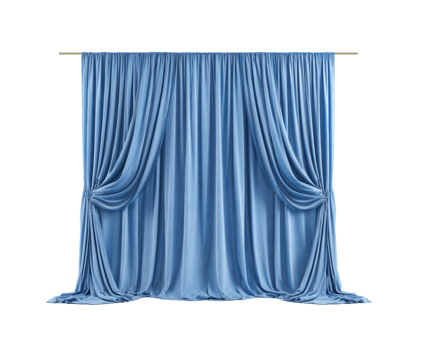 Elegant blue curtain drapes for theatrical stage design or event decor png