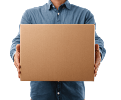 Person holding brown package in front of them with delivery focus png
