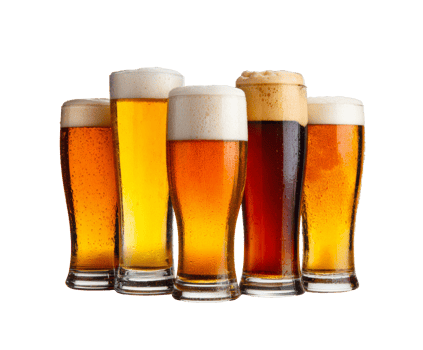 Diverse craft beers in glasses displaying vibrant colors png