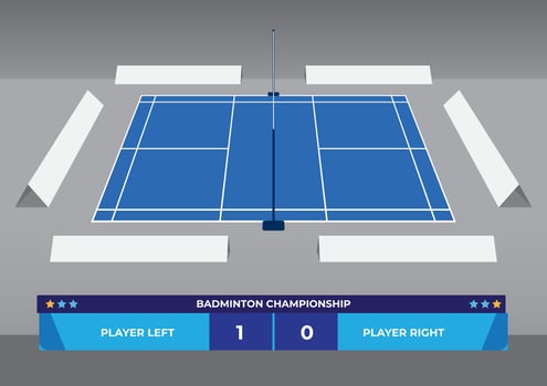Badminton Championship Court with ad sponsor spaces and Scoreboard vector